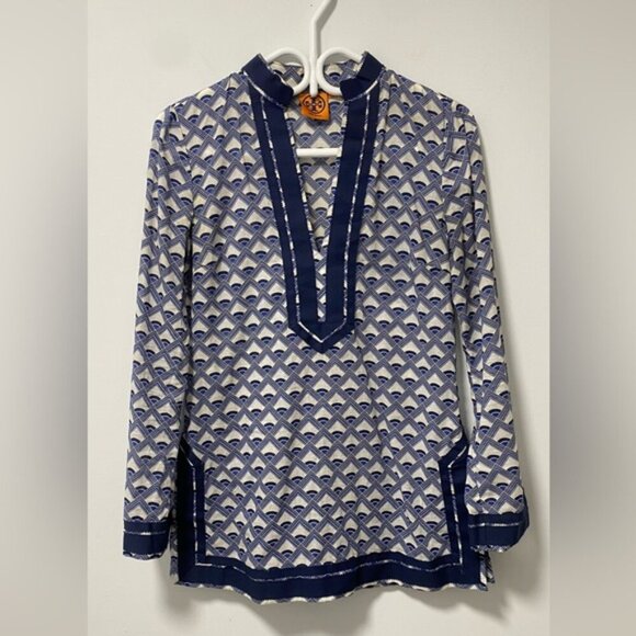 Tory Burch White & Navy Cotton Blouse/Tunic Size 0 - Picture 2 of 8